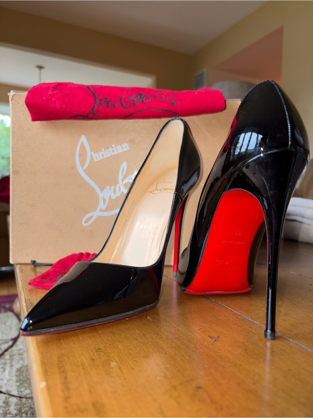 Christian Louboutin So Kate Black Patent Leather Pointed Pump with Red Sole